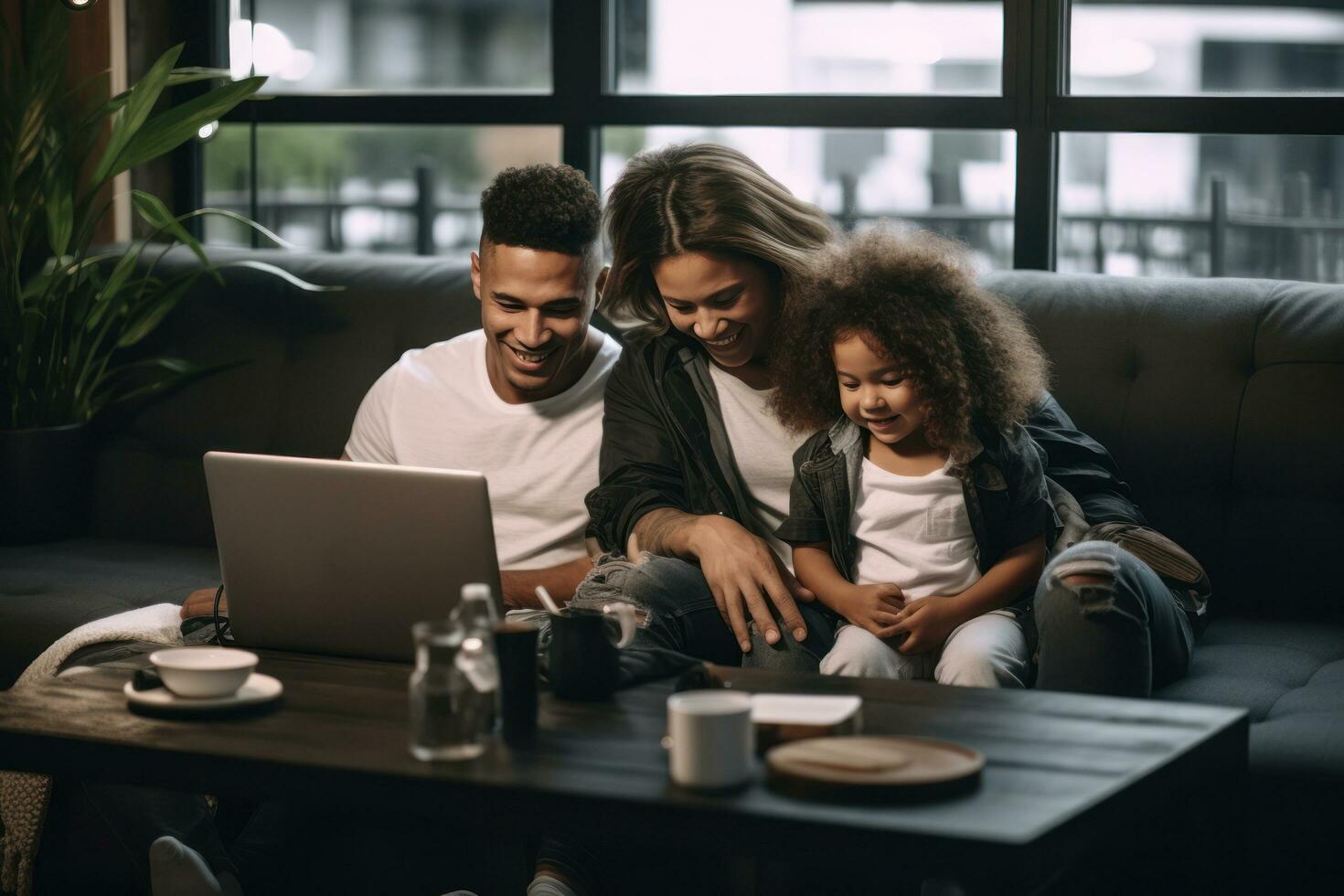 familia es mirando a un ordenador portátil mientras sentado en un sofá foto