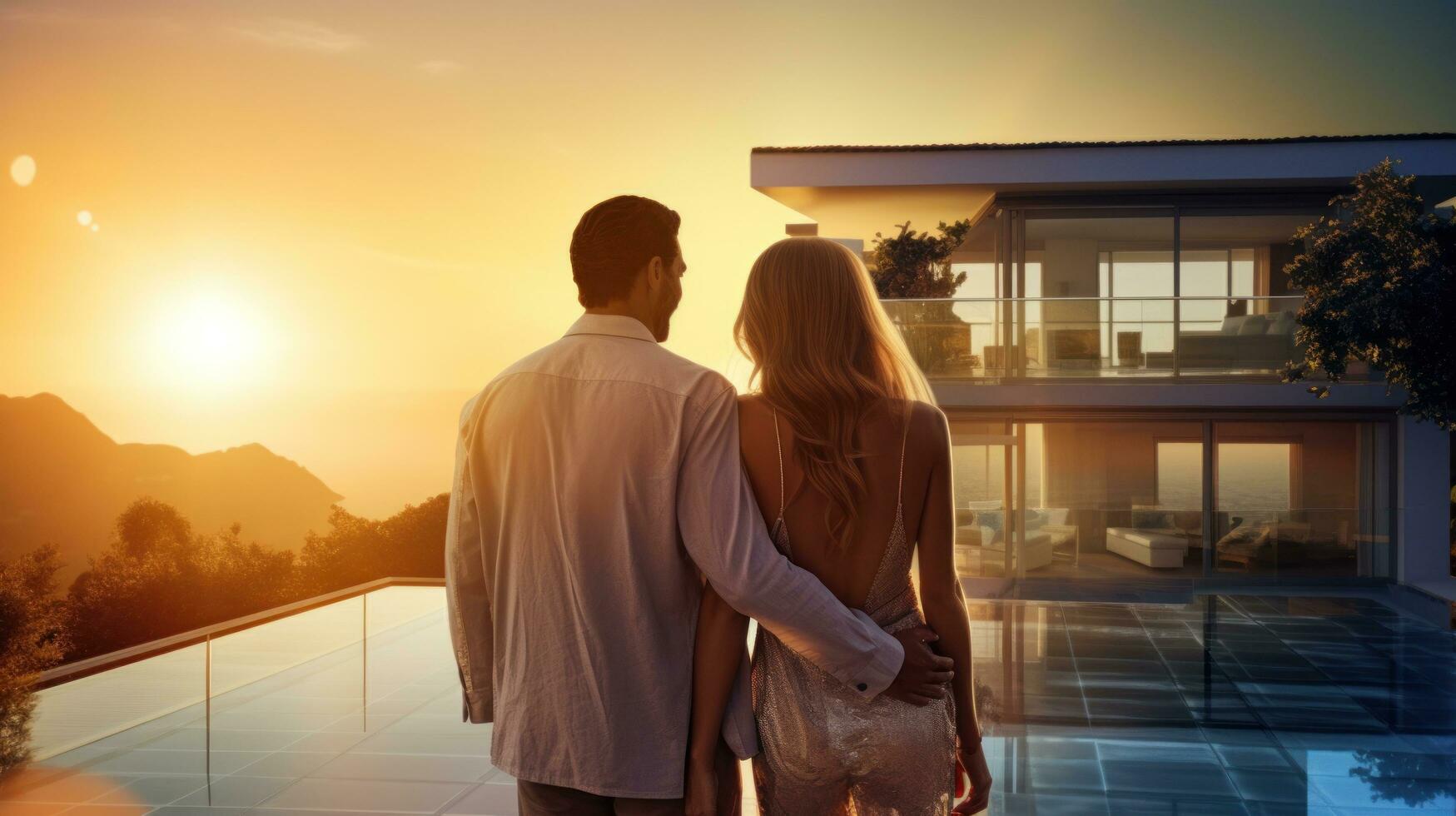 joven casado Pareja abraza en frente de el casa en verano puesta de sol foto