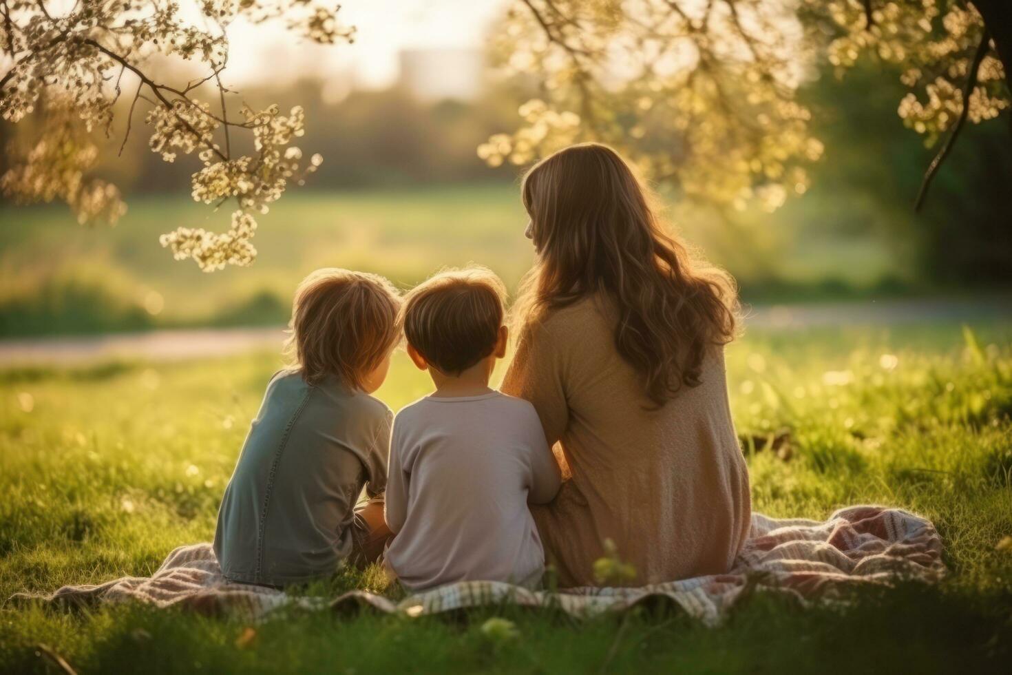 Mother with children on the field photo