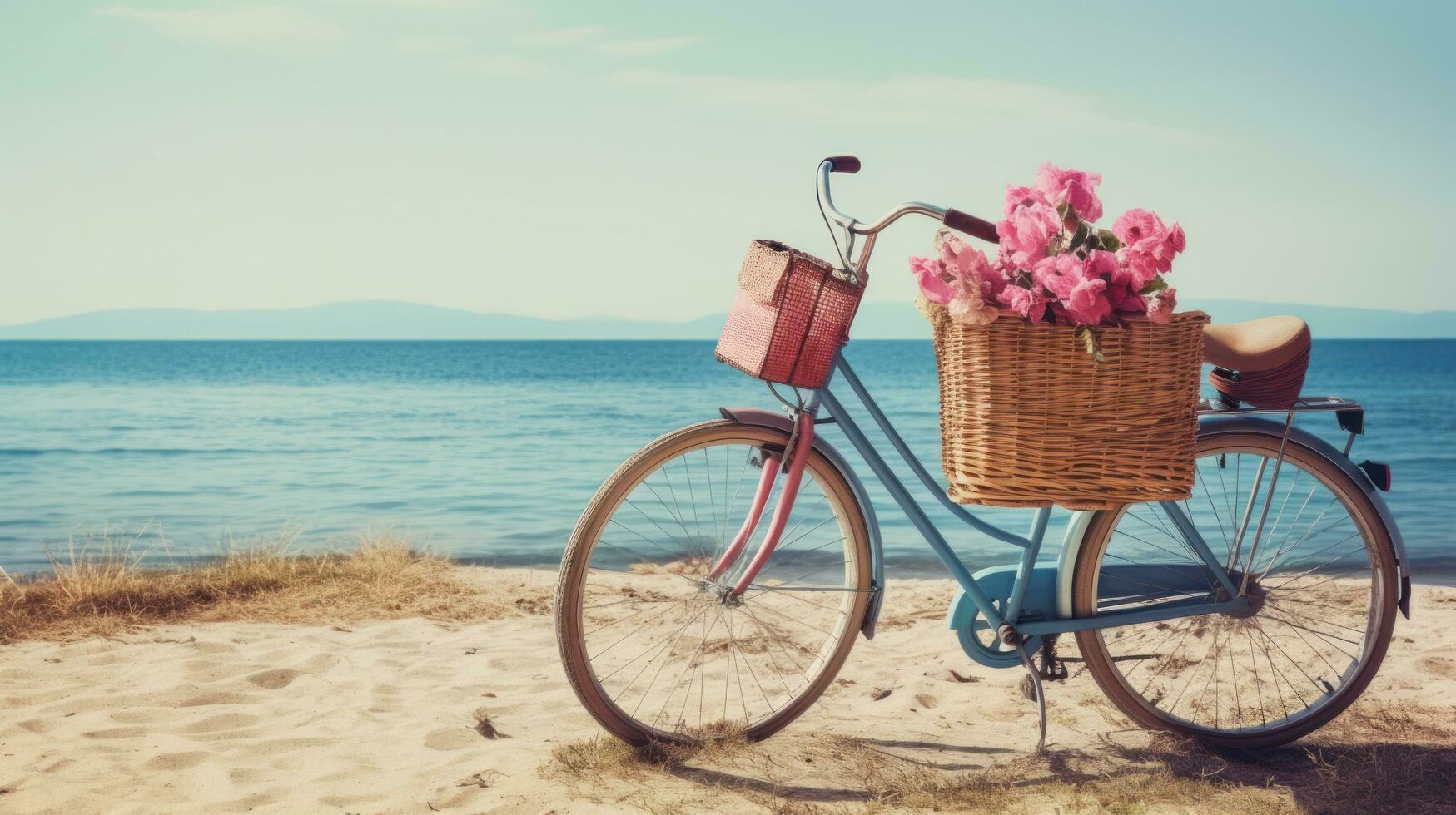 Bicycle with a basket sits on top of sand near the ocean photo