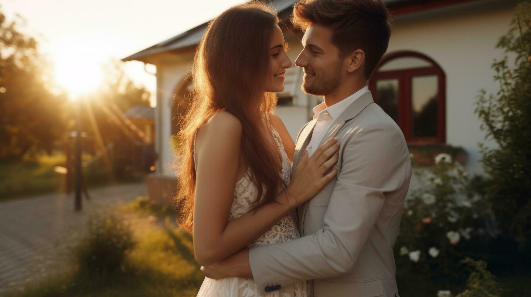 Young married couple embraces in front of the house in summer sunset photo