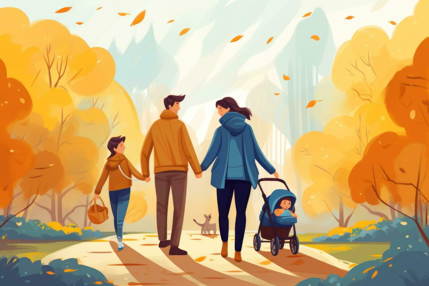 Illustration of happy family in park in Autumn photo