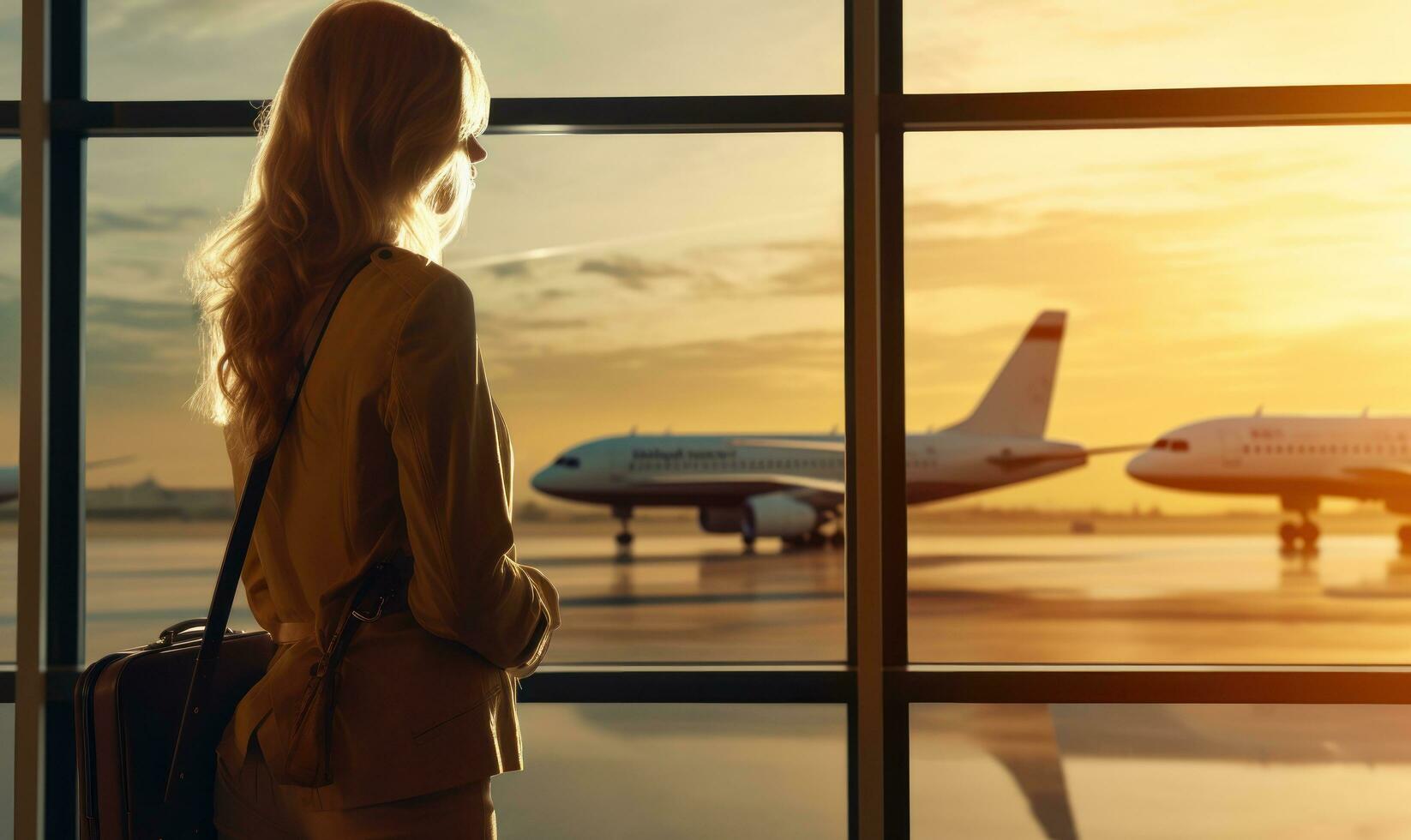 A woman is sitting by a window overlooking an airport photo