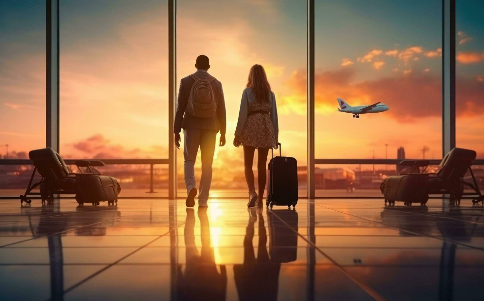 Man and woman waiting airplane in airport photo