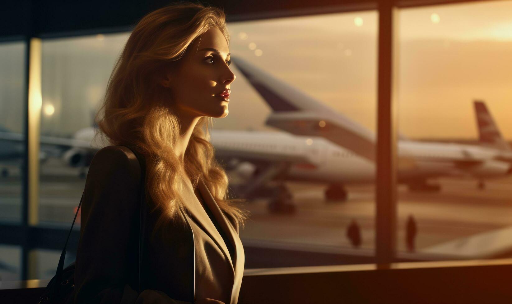 un mujer es sentado por un ventana con vista a un aeropuerto foto