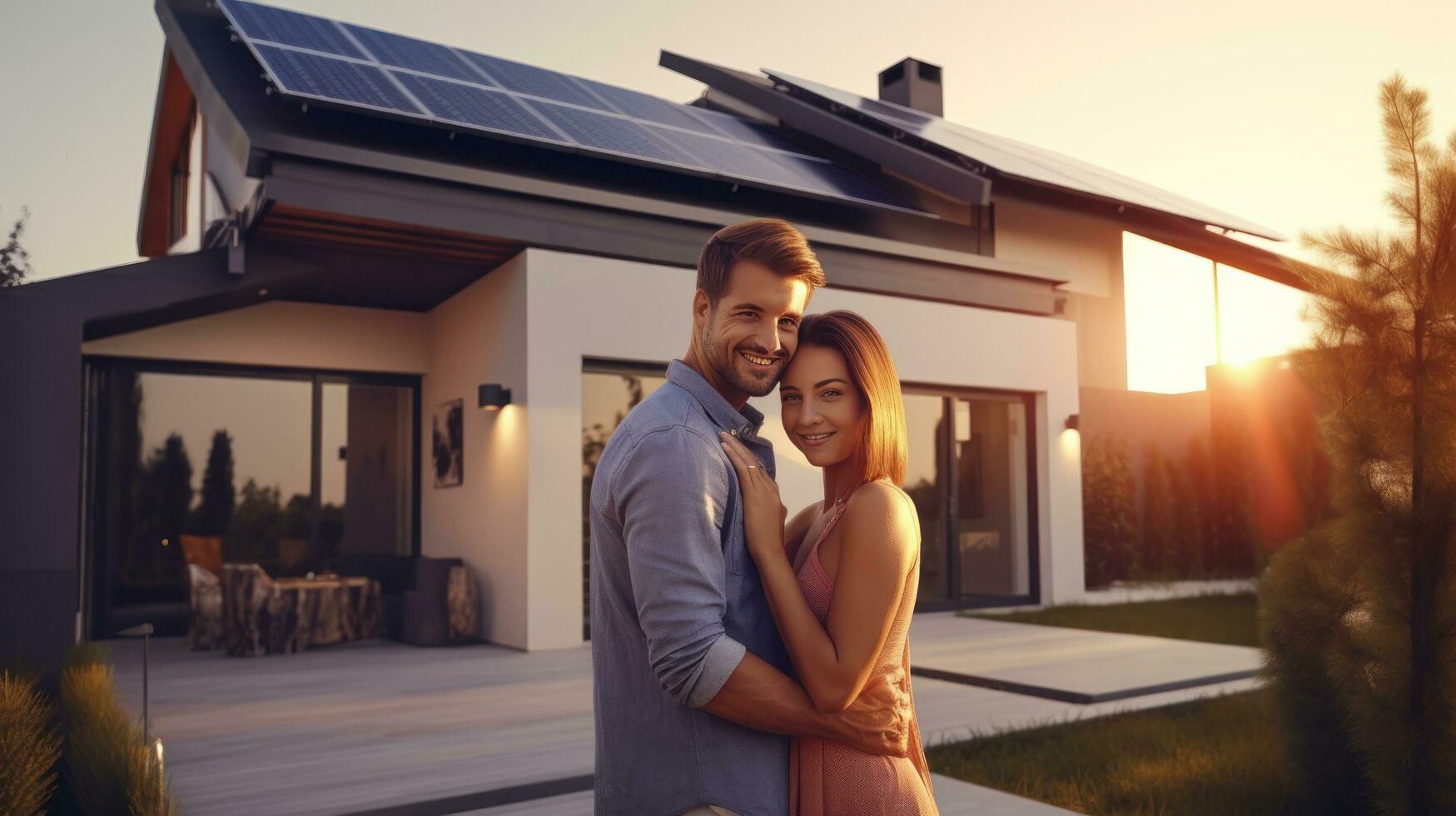 joven casado Pareja abraza en frente de el casa en verano puesta de sol foto