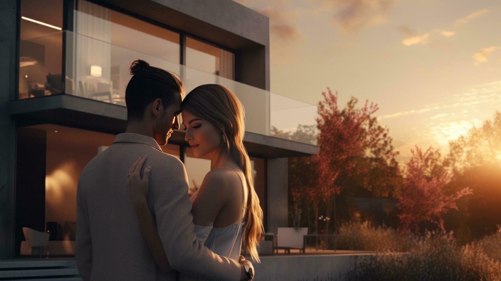 Young married couple embraces in front of the house in summer sunset photo