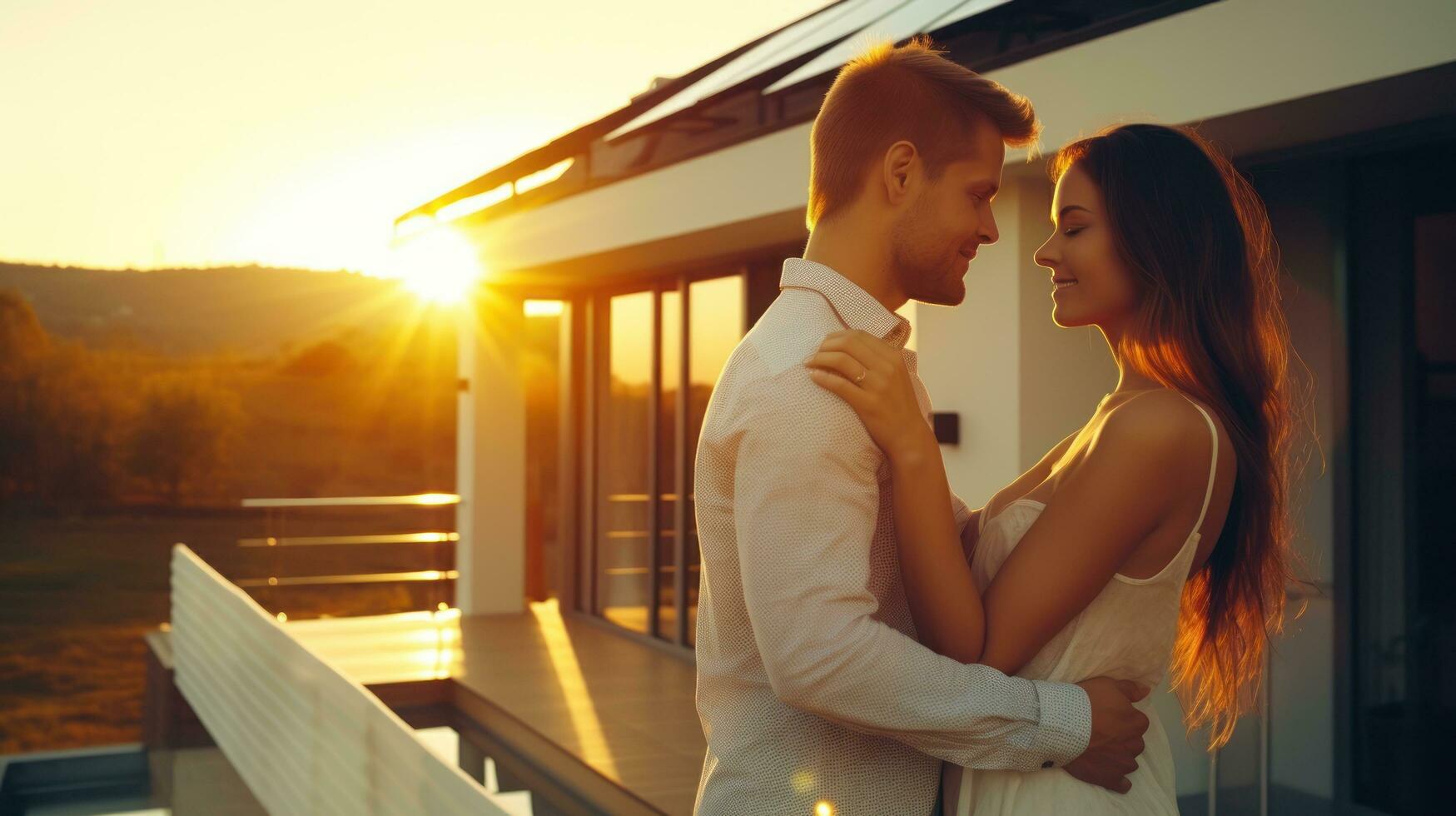 joven casado Pareja abraza en frente de el casa en verano puesta de sol foto