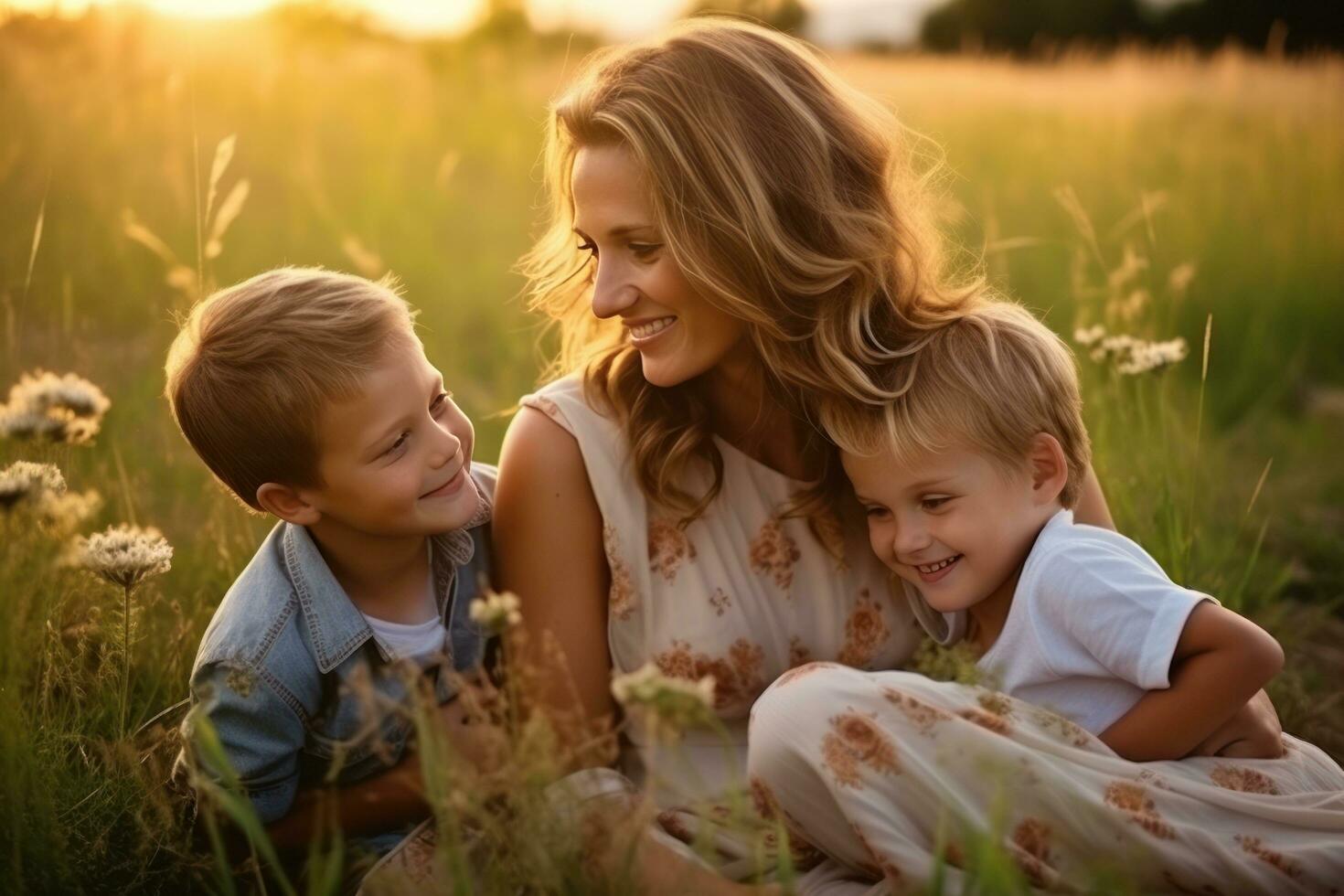 Mother with children on the field photo