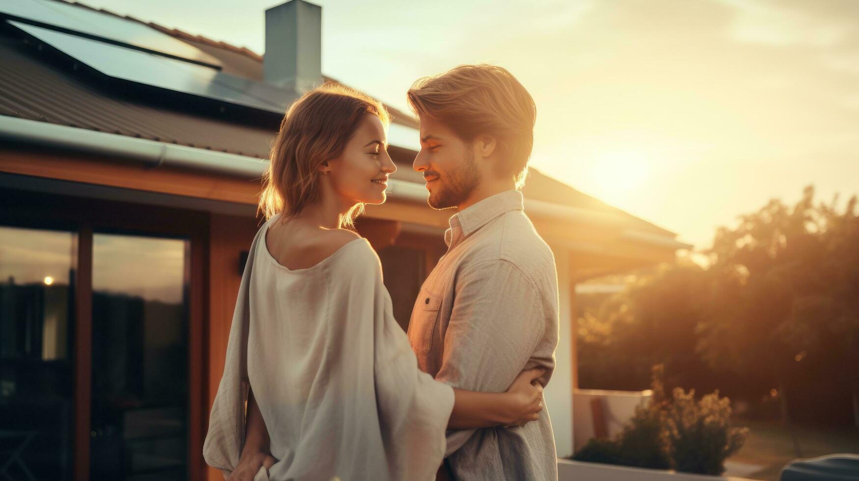 joven casado Pareja abraza en frente de el casa en verano puesta de sol foto