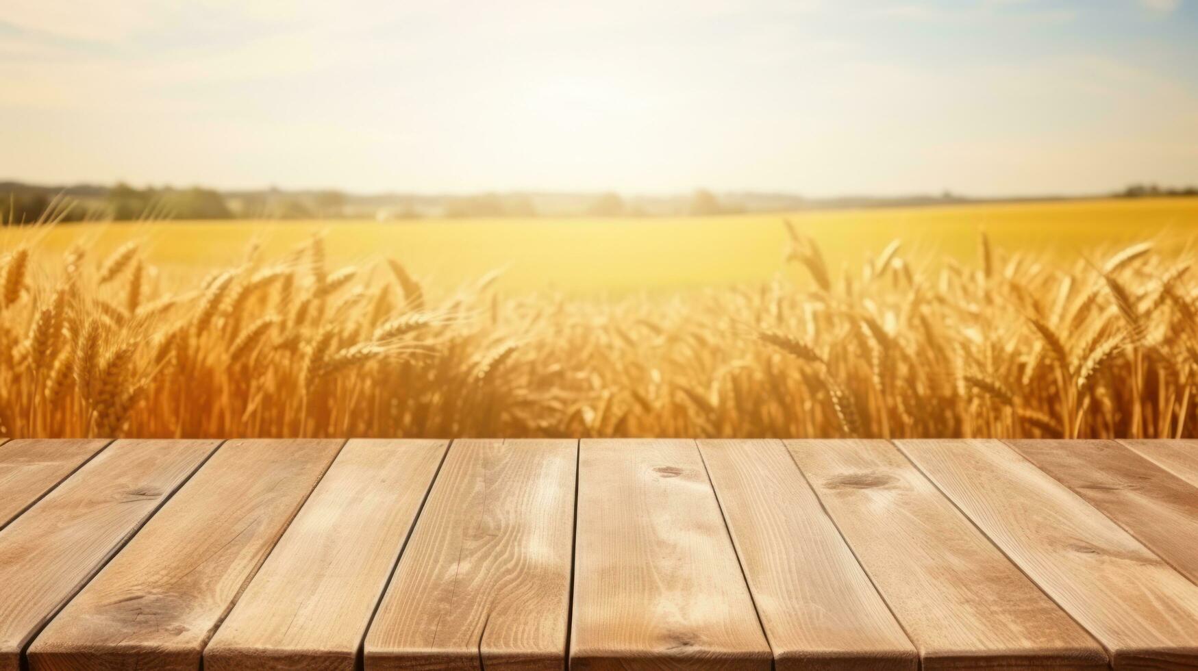 Wooden table with wheat field background photo