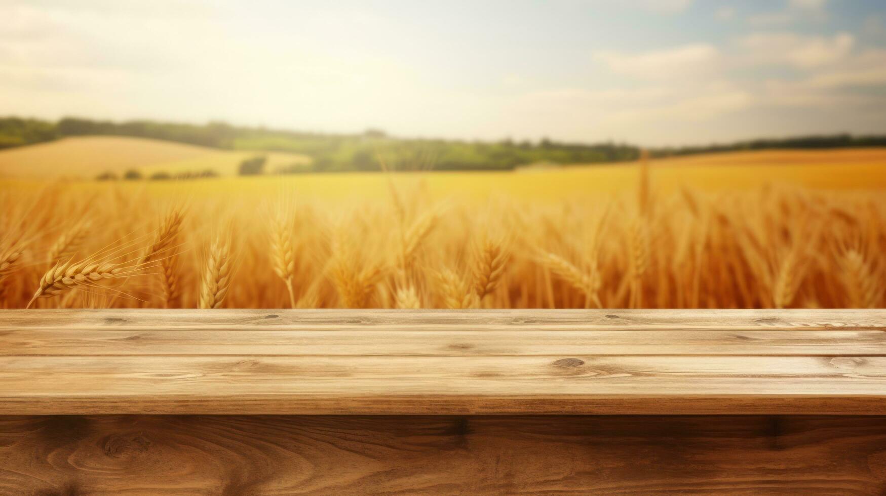 Wooden table with wheat field background photo