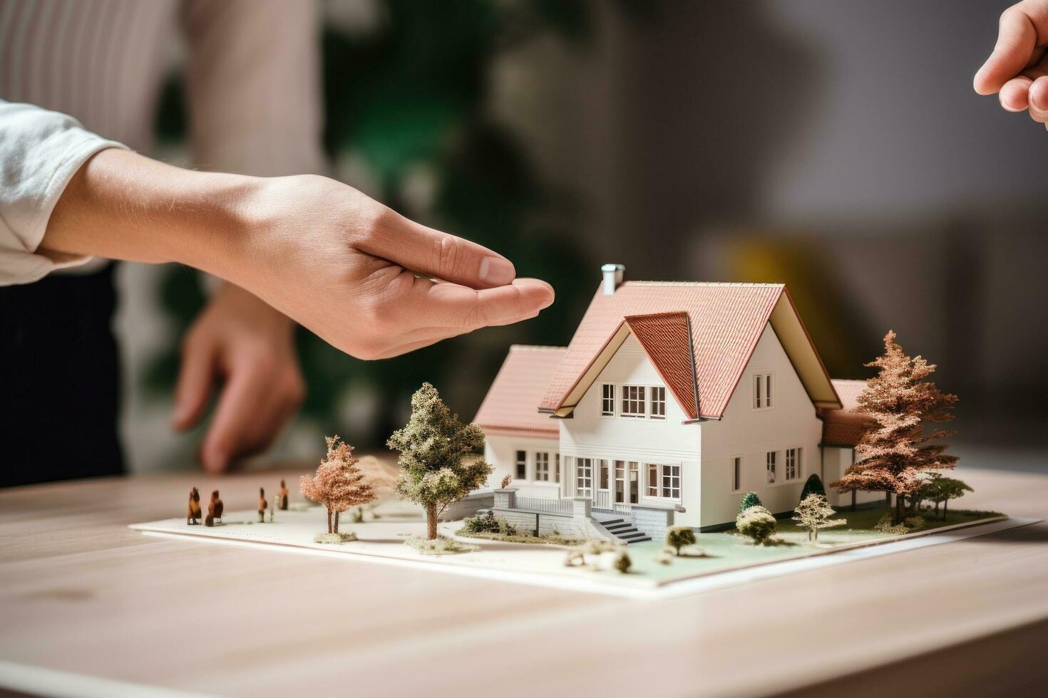 A couple on a desk with a house model and house keys photo