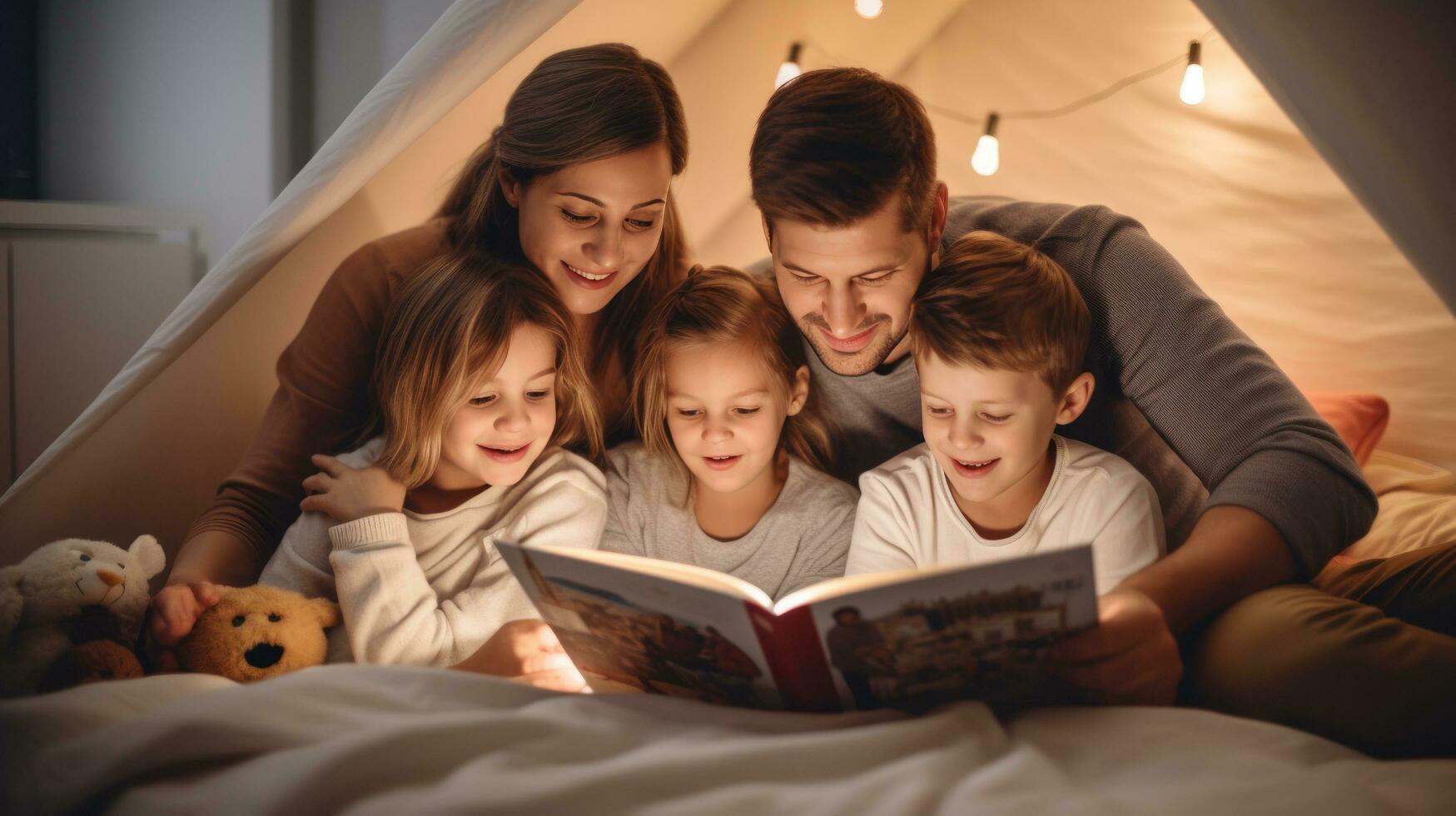 Happy family reading together photo