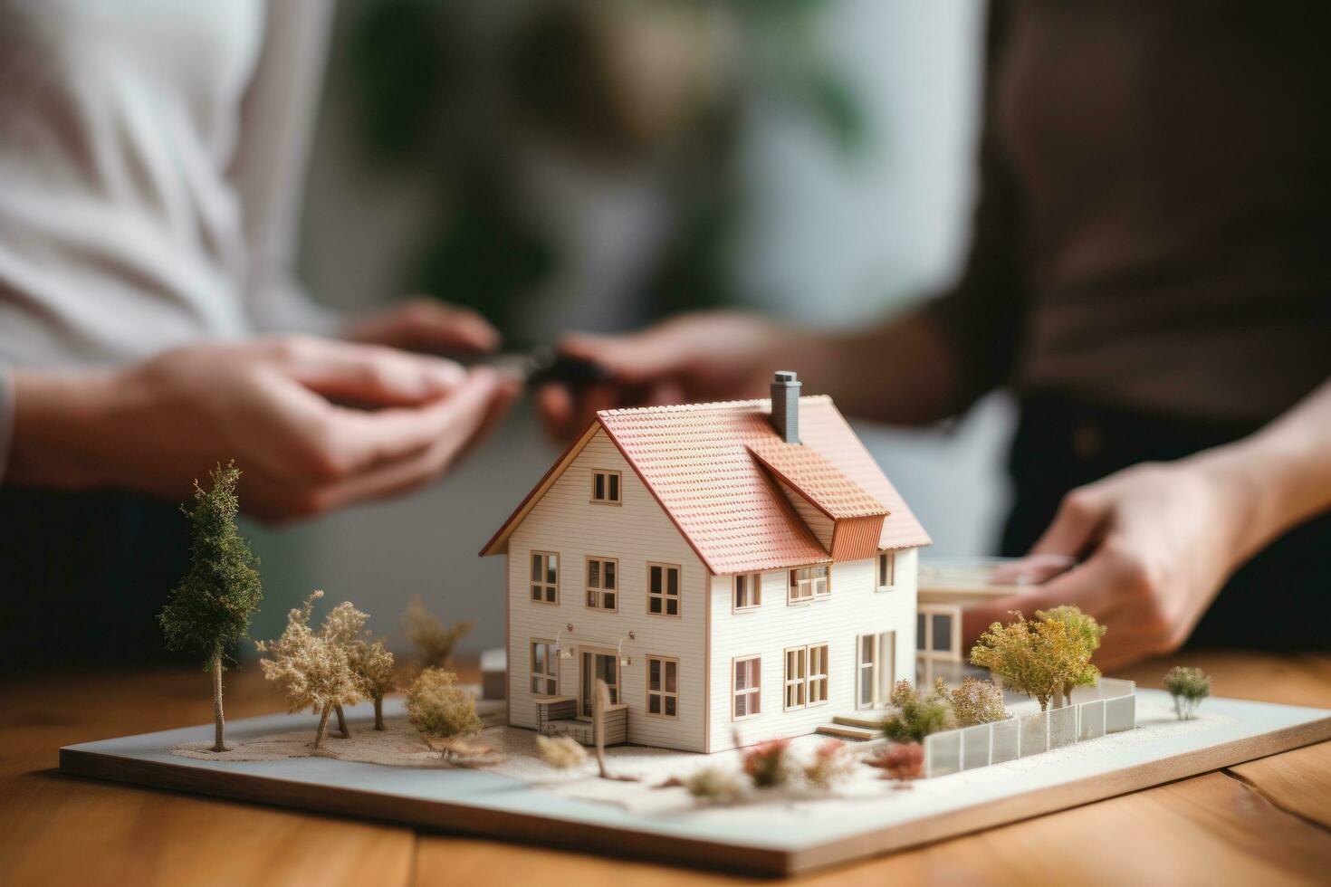 A couple on a desk with a house model and house keys photo