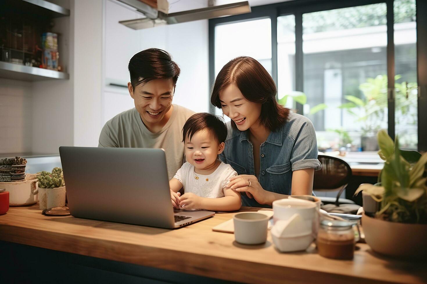 joven familia utilizando ordenador portátil foto