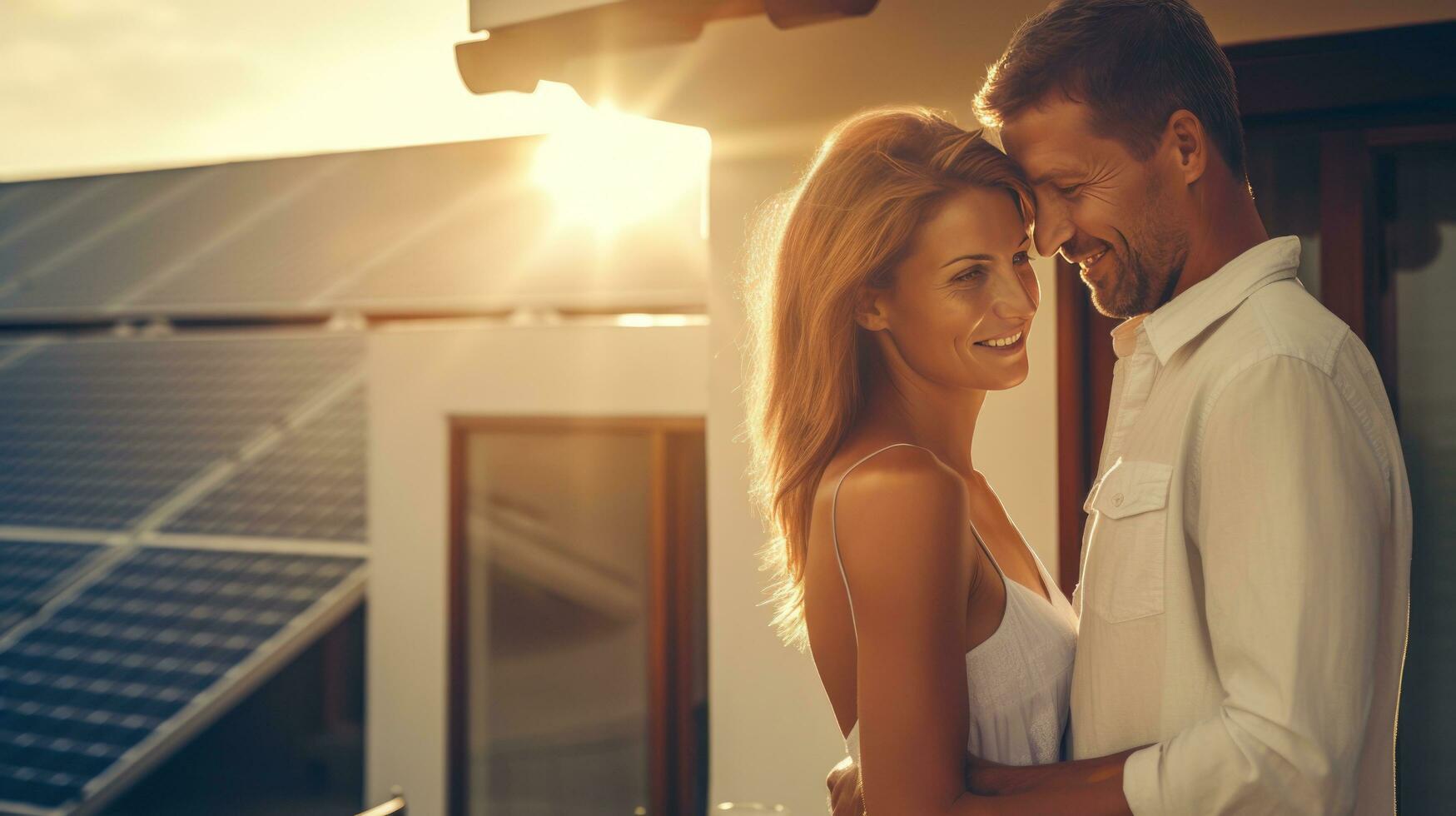 Young married couple embraces in front of the house in summer sunset photo