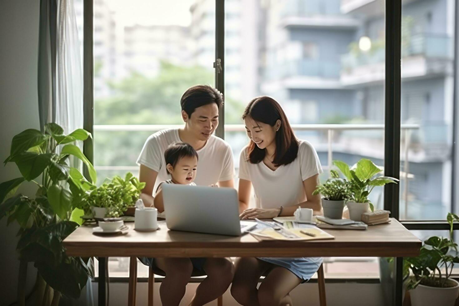 joven familia utilizando ordenador portátil foto