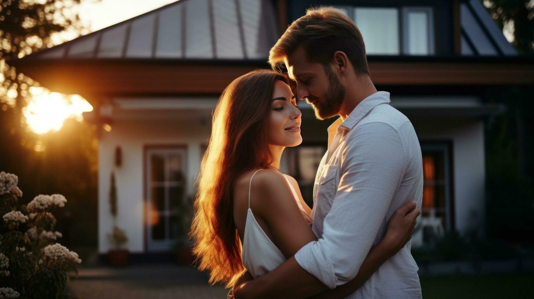 Young married couple embraces in front of the house in summer sunset photo