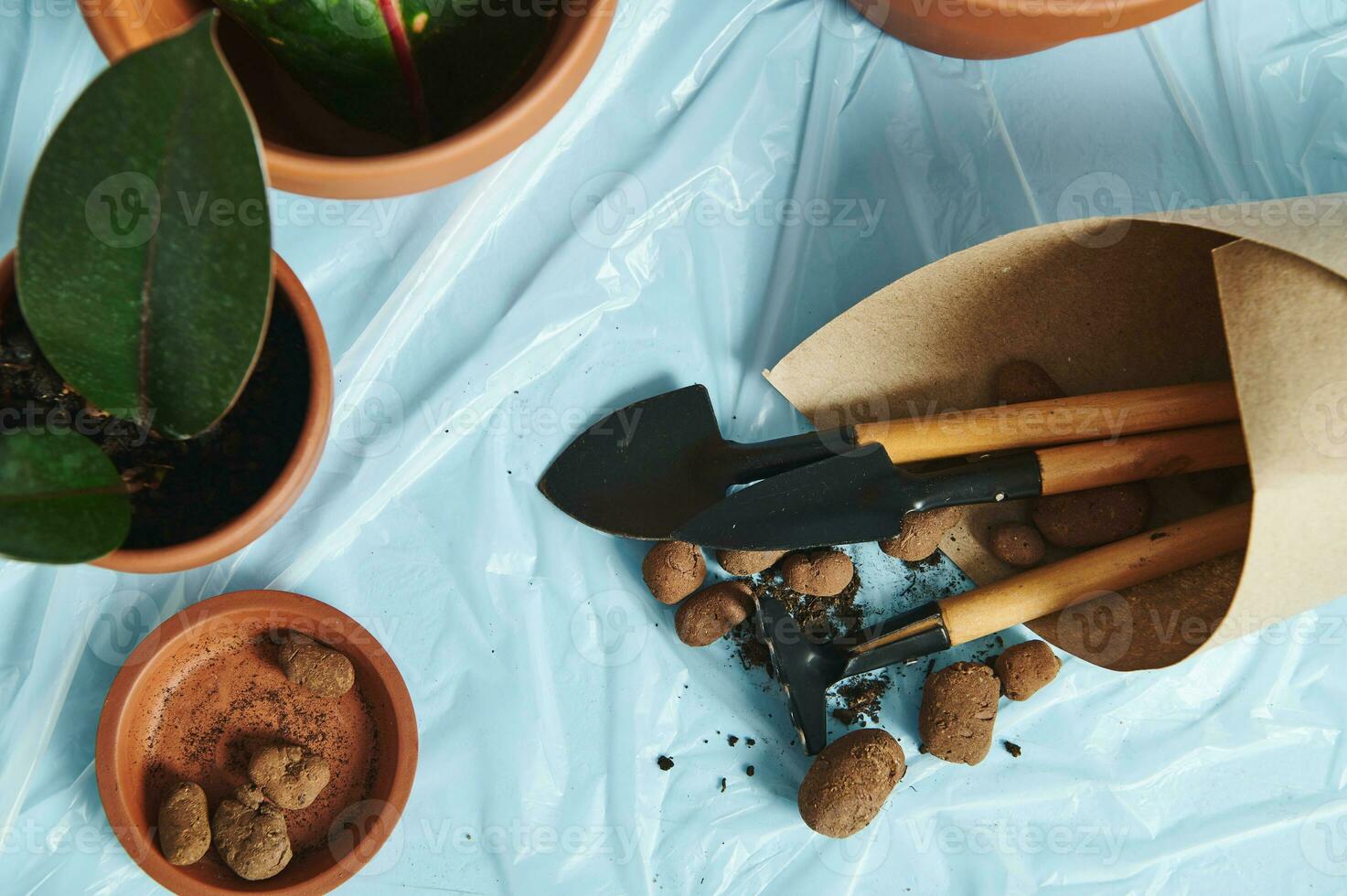 Scattered expanded clay for plants with a set of garden tools, wrapped in craft paper on a transparent protective film, next to the plants in clay pots photo