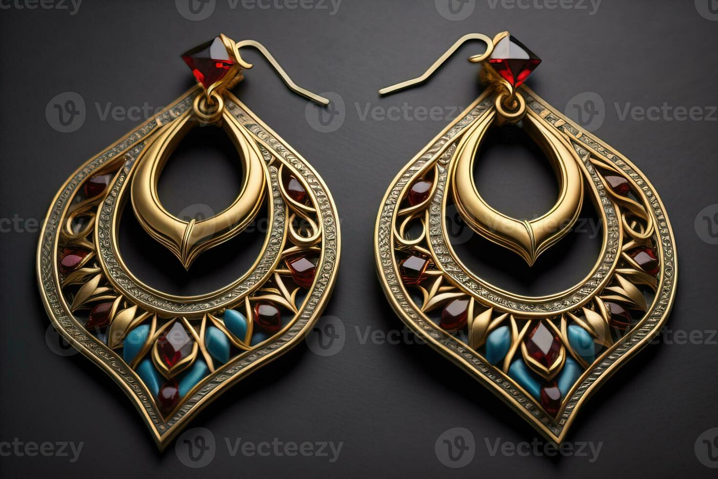 Earrings made of gold on a solid color background close up. ai generative photo