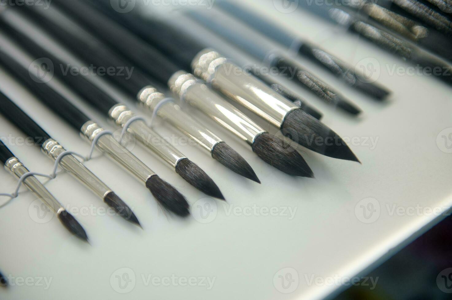 Paintbrushes of various sizes with wooden handle and natural bristle on white surface, displayed for sale in art store photo