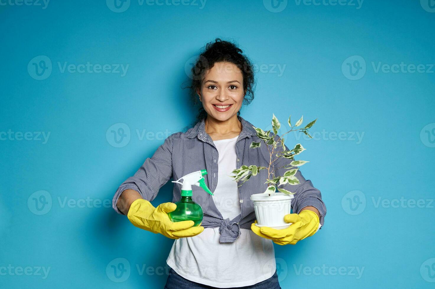 Smiling African American woman in yellow gloves holding a pot with transplanted small tree and spray for indoor plants photo