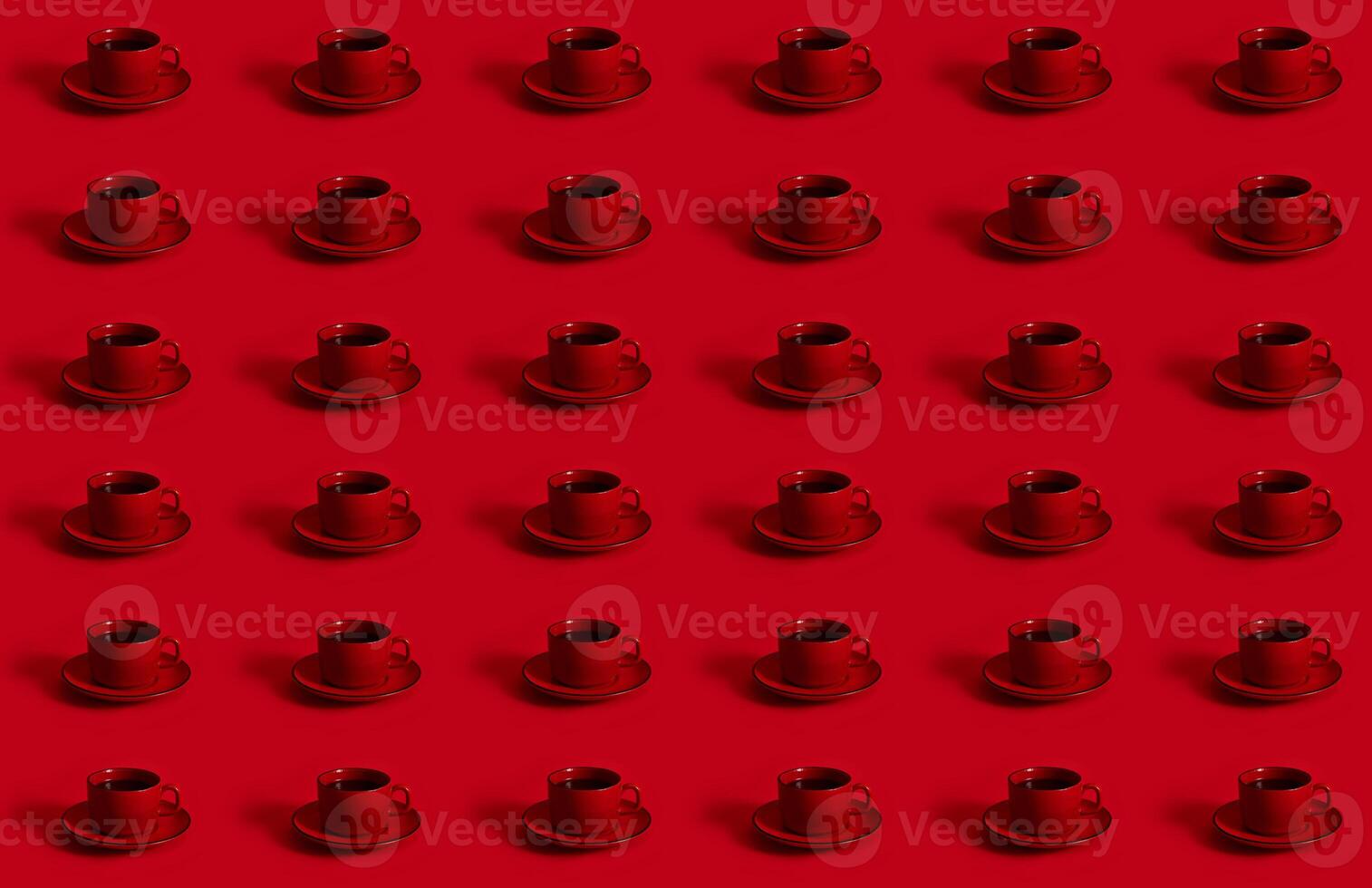 Pattern with a red cup of coffee on a ceramic saucer red background. Concept of Chocolate Day on red background photo
