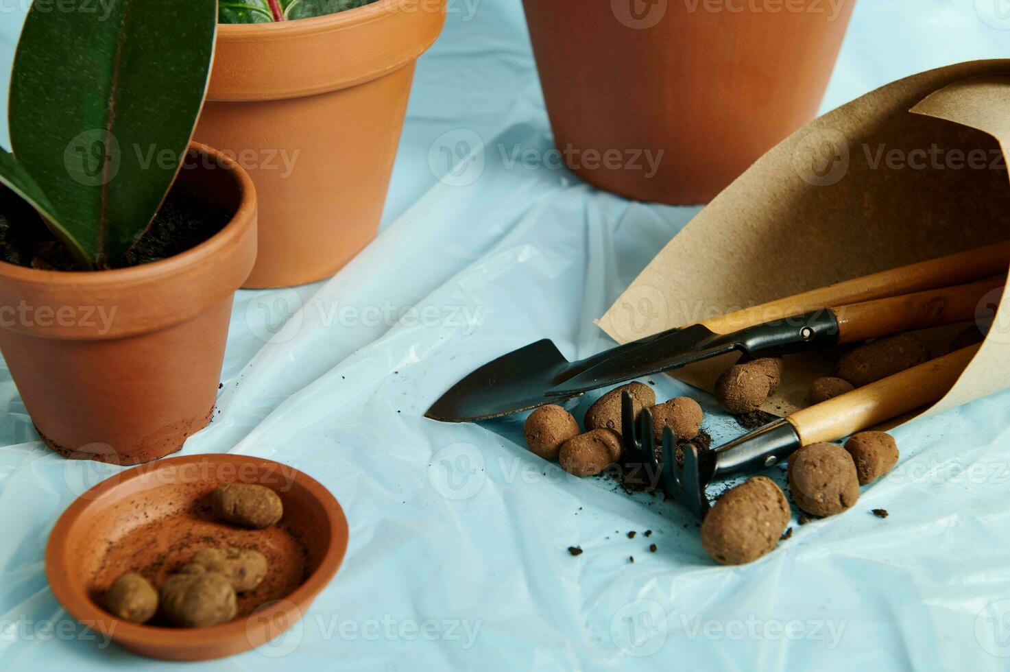 Expanded clay in a clay tray with a set of garden tools wrapped in craft paper against the background of clay pots with plants photo