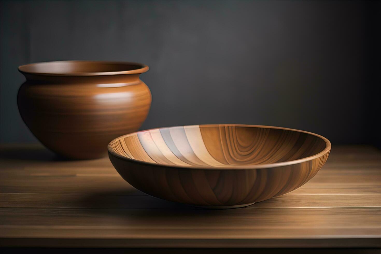 Empty wooden bowl on wooden background. Top view. Copy space. ai generative photo