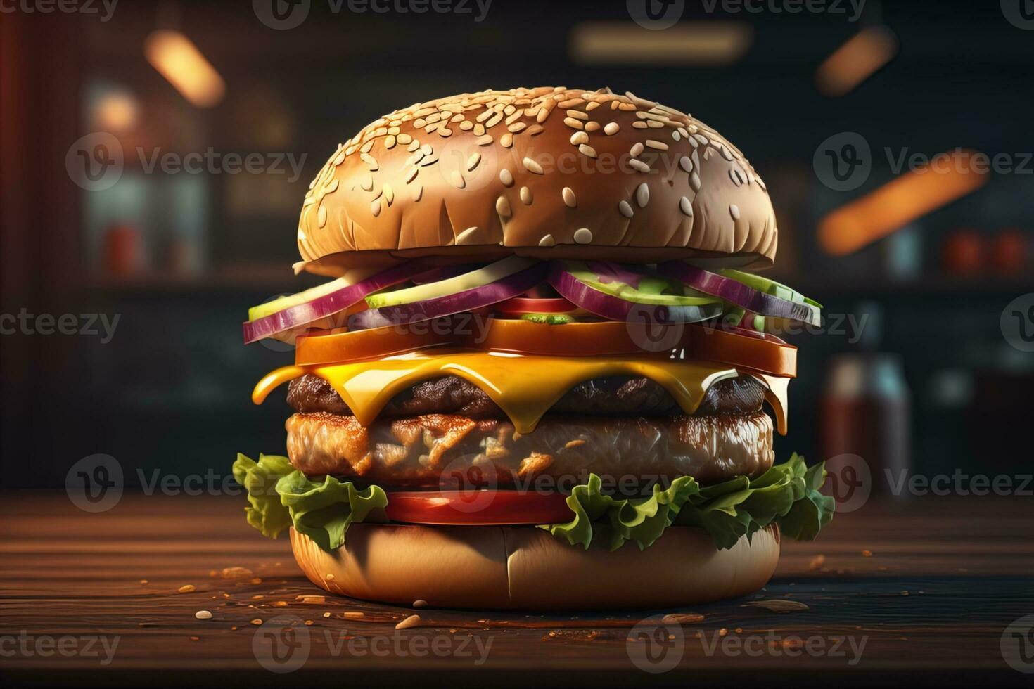 grande sabroso hamburguesa en de madera mesa. ai generativo foto
