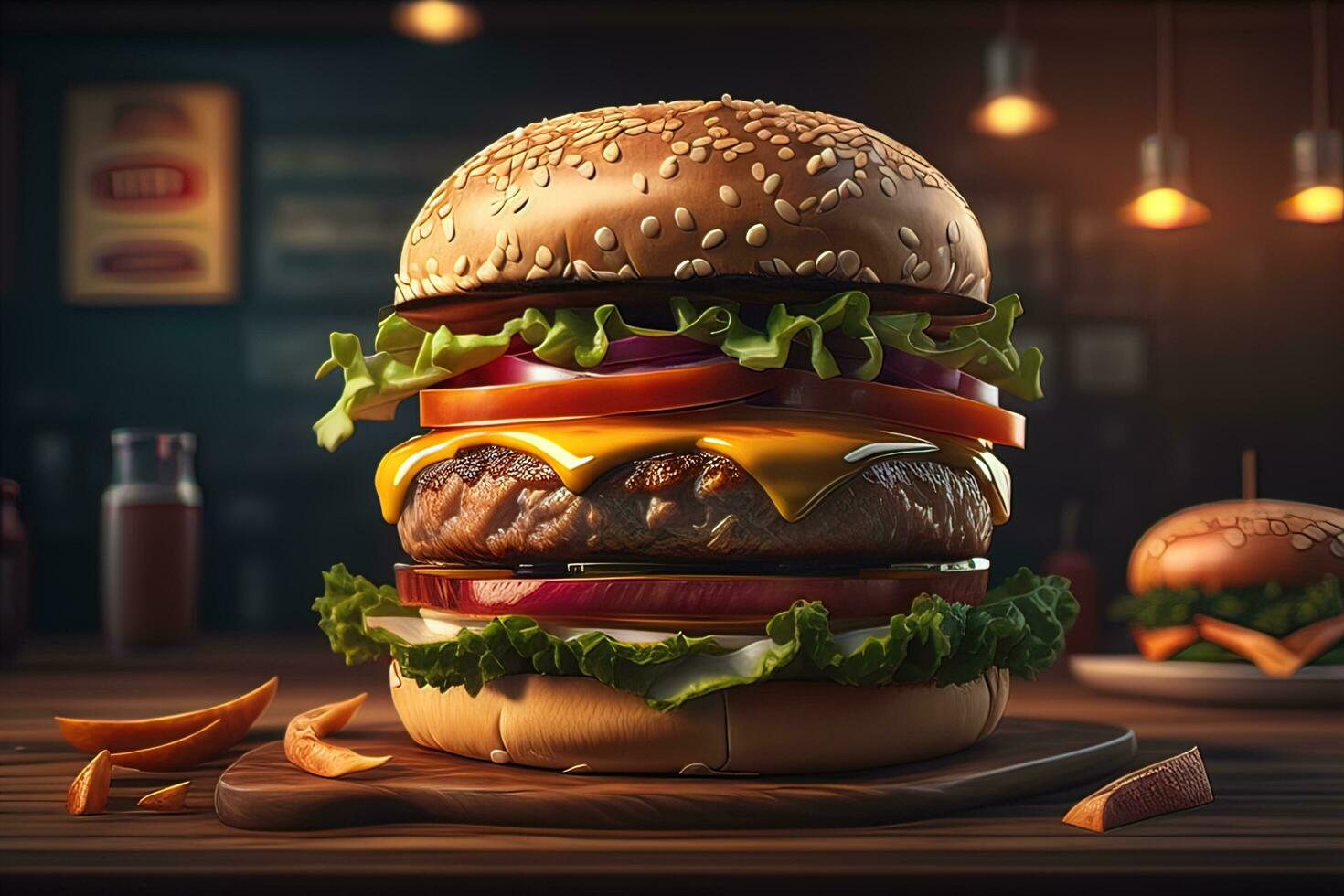 Big tasty hamburger on wooden table. ai generative photo