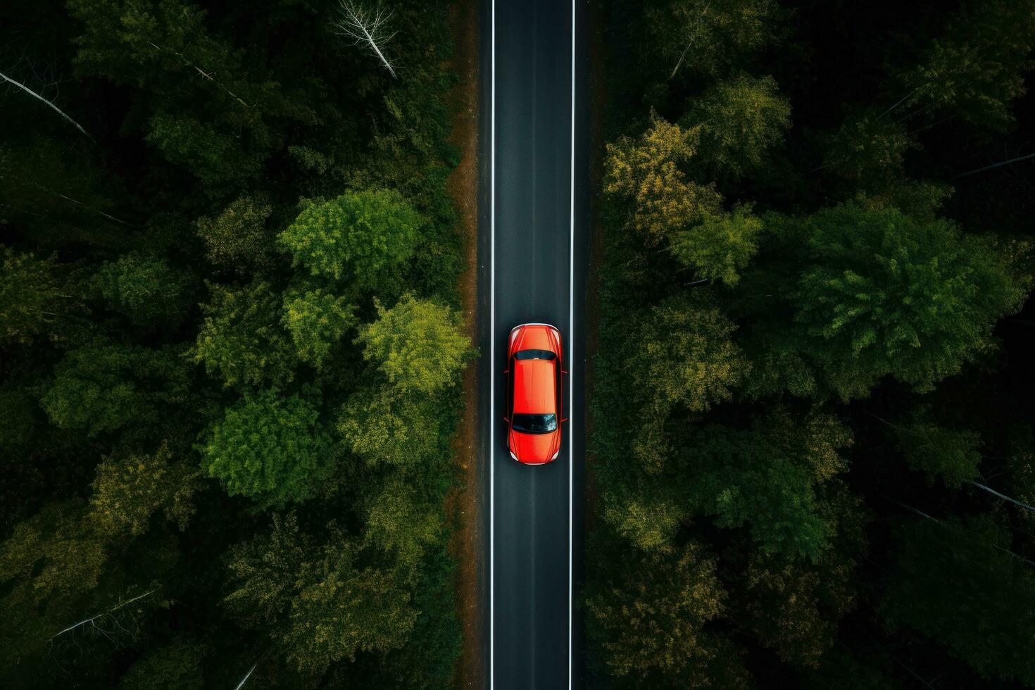 A car driving down a highway through tall trees photo