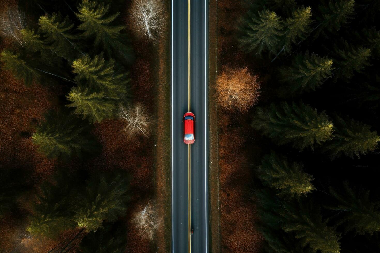 A car driving down a highway through tall trees photo