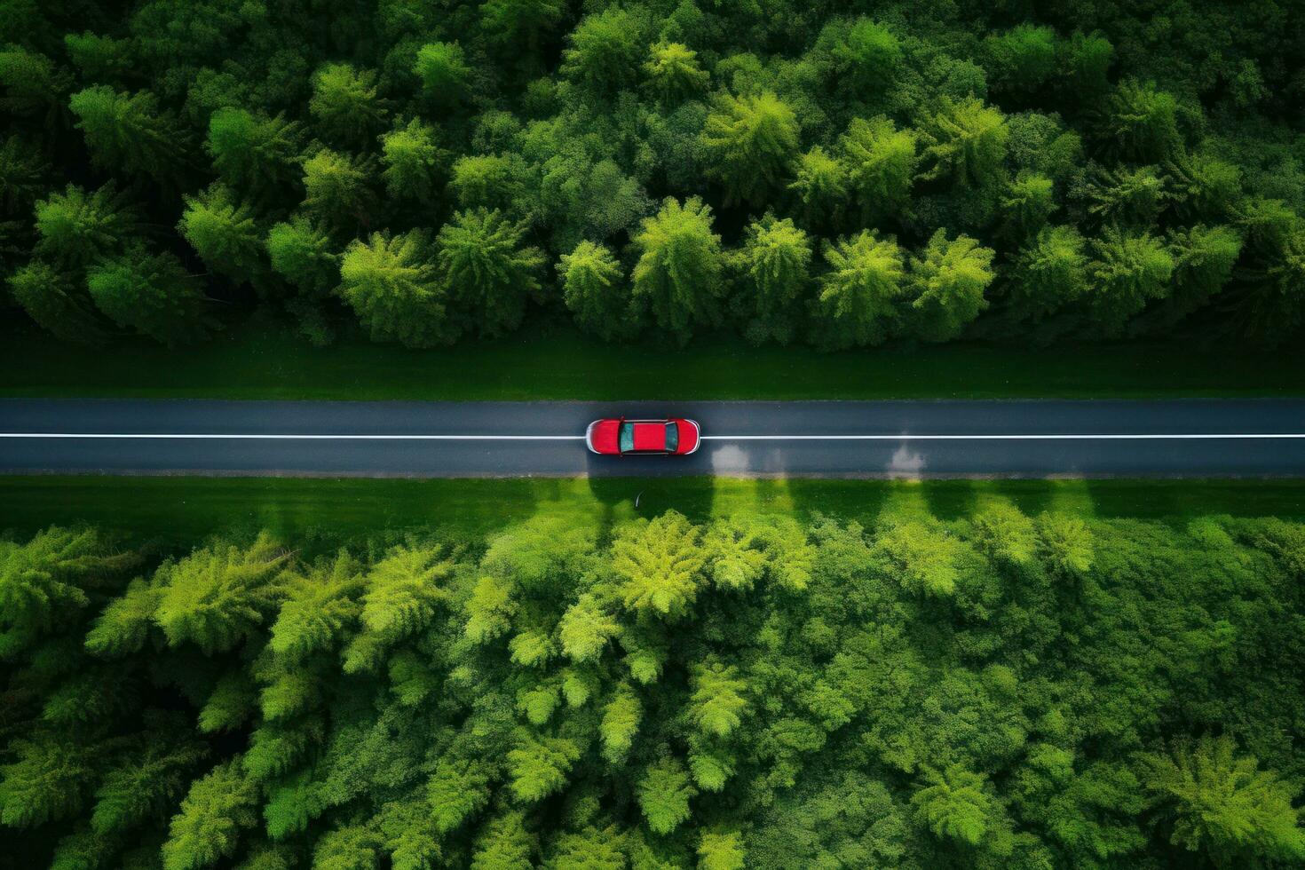 A car driving down a highway through tall trees photo