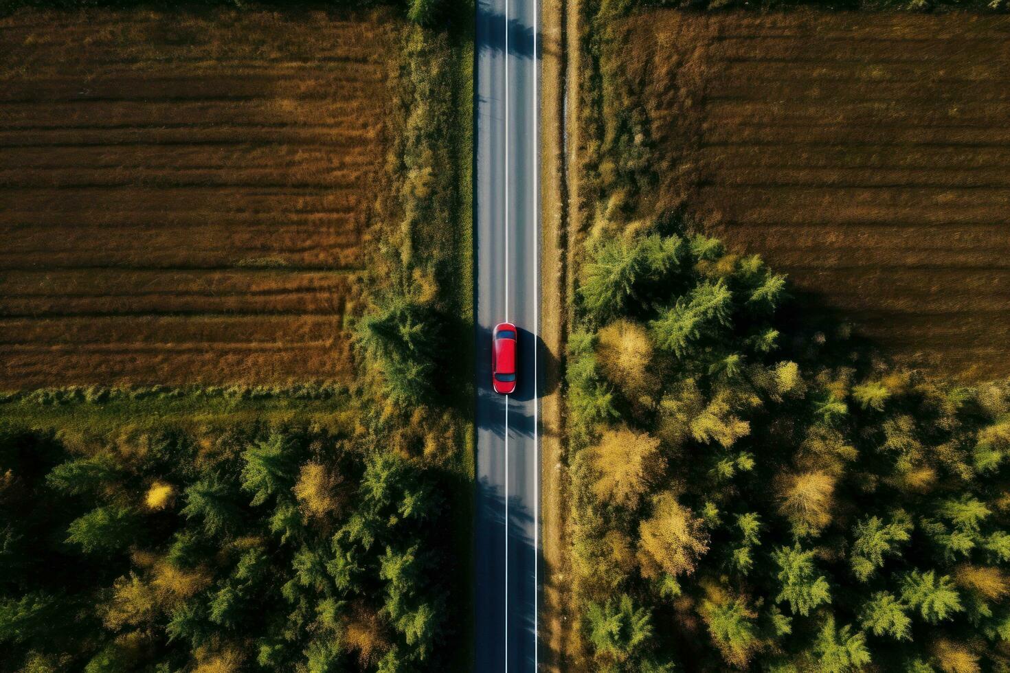 A car driving down a highway through tall trees photo