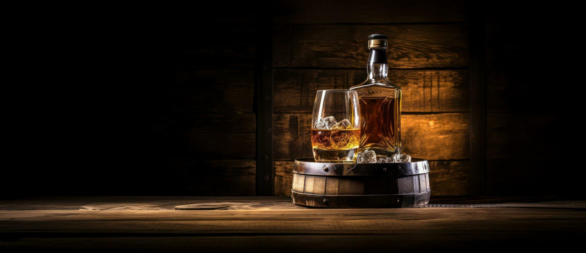 Whiskey glasses, bottles and barrels photo