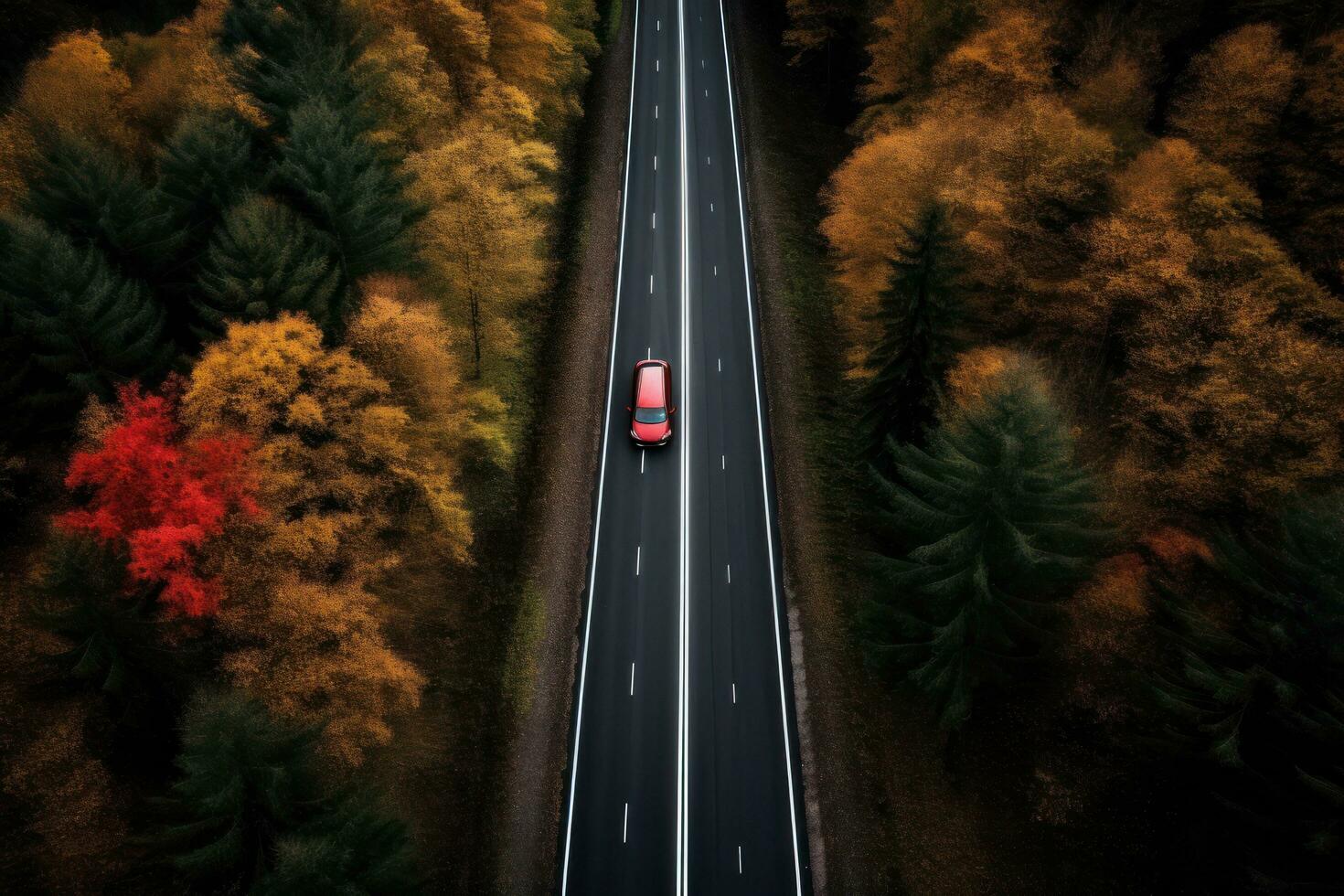 A car driving down a highway through tall trees photo