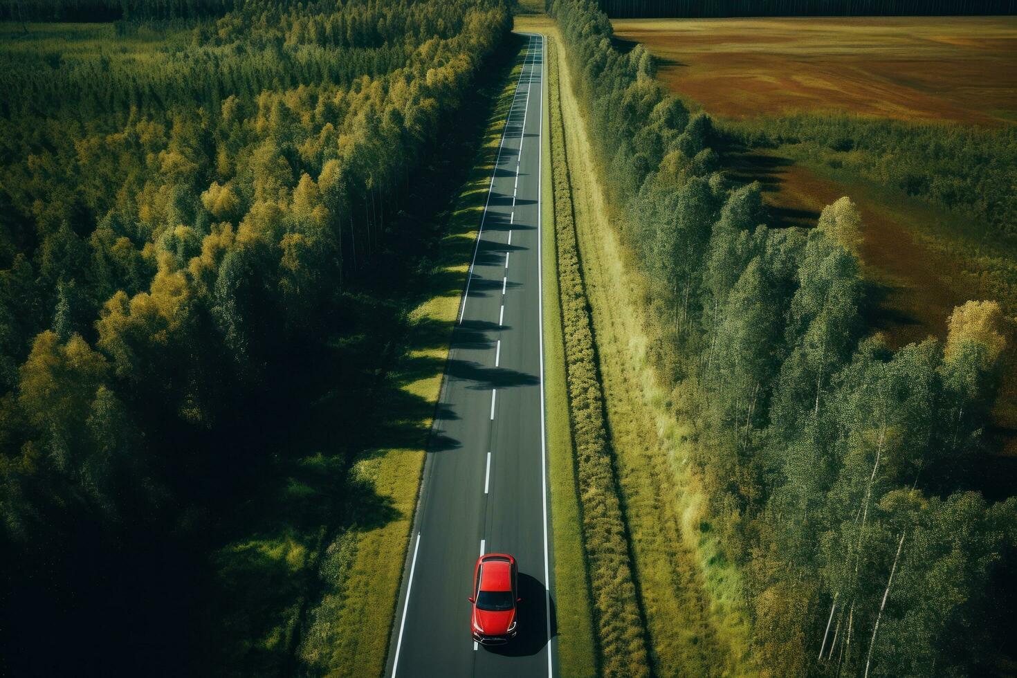 A car driving down a highway through tall trees photo