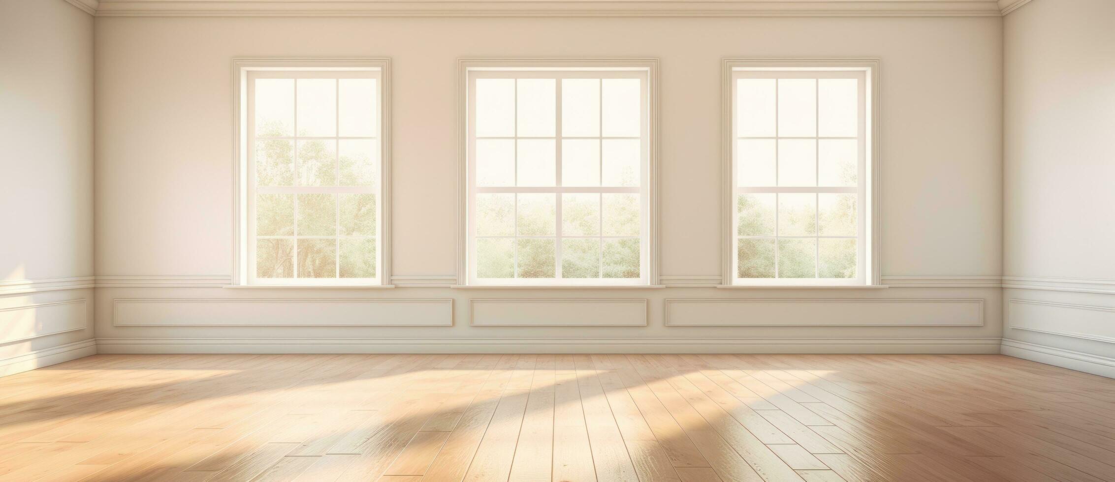 Empty room with bog window and wooden floor photo
