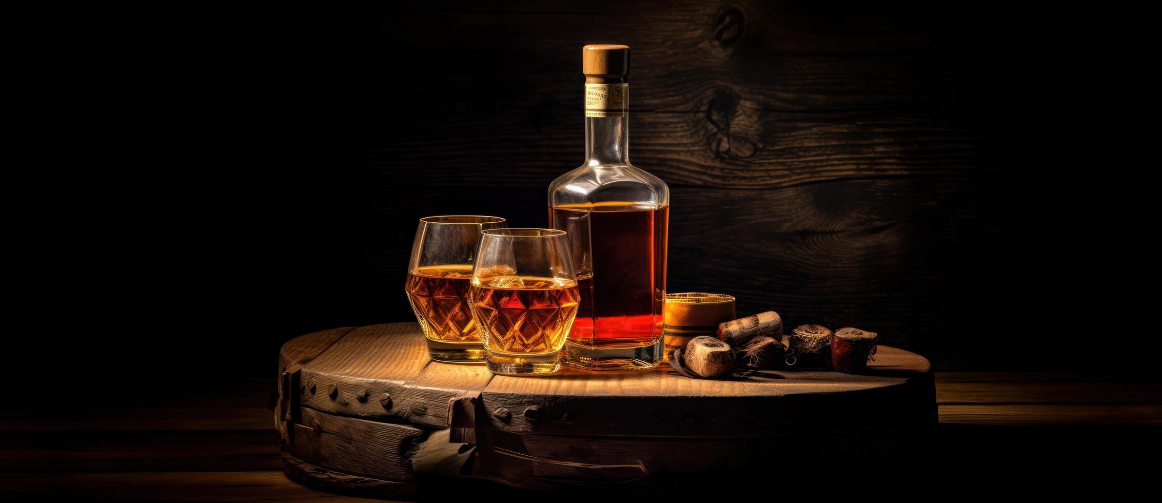 Whiskey glasses, bottles and barrels photo