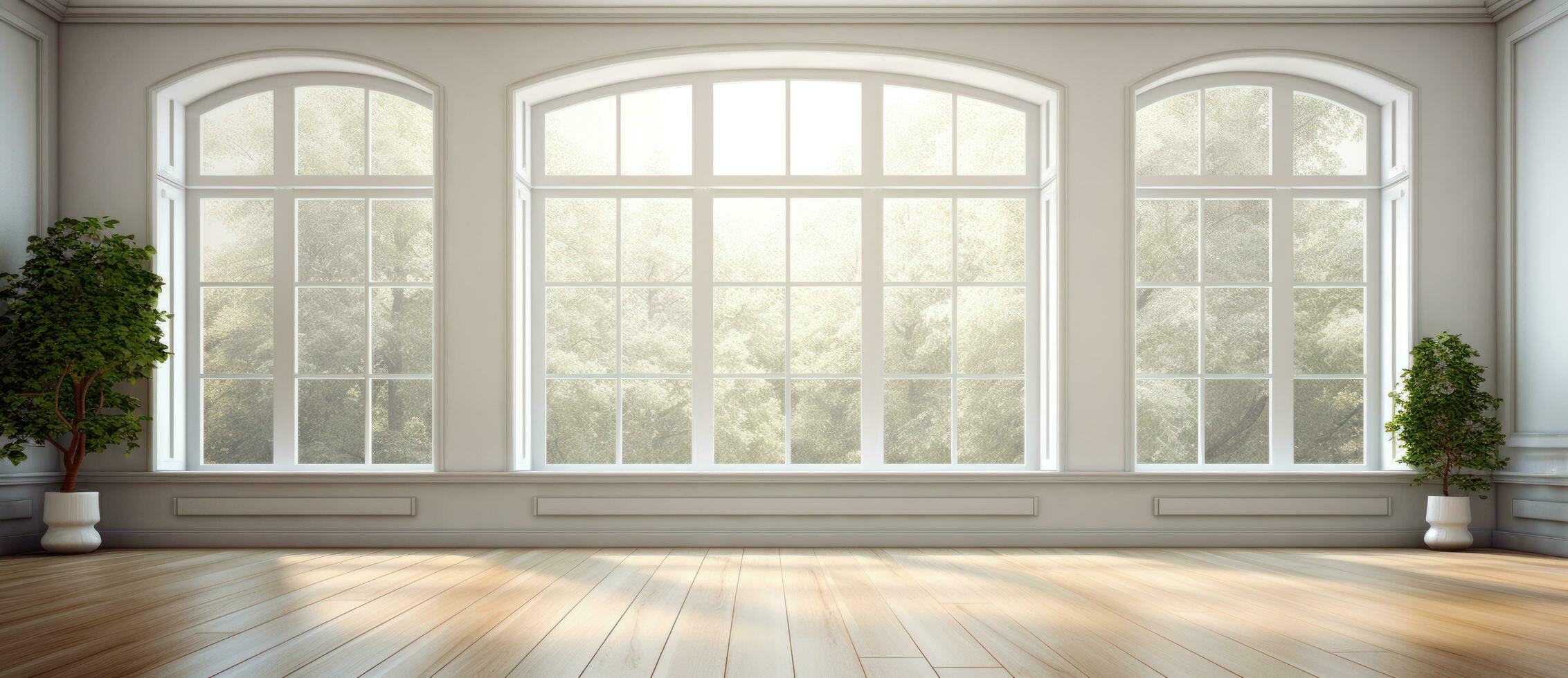 Empty room with bog window and wooden floor photo