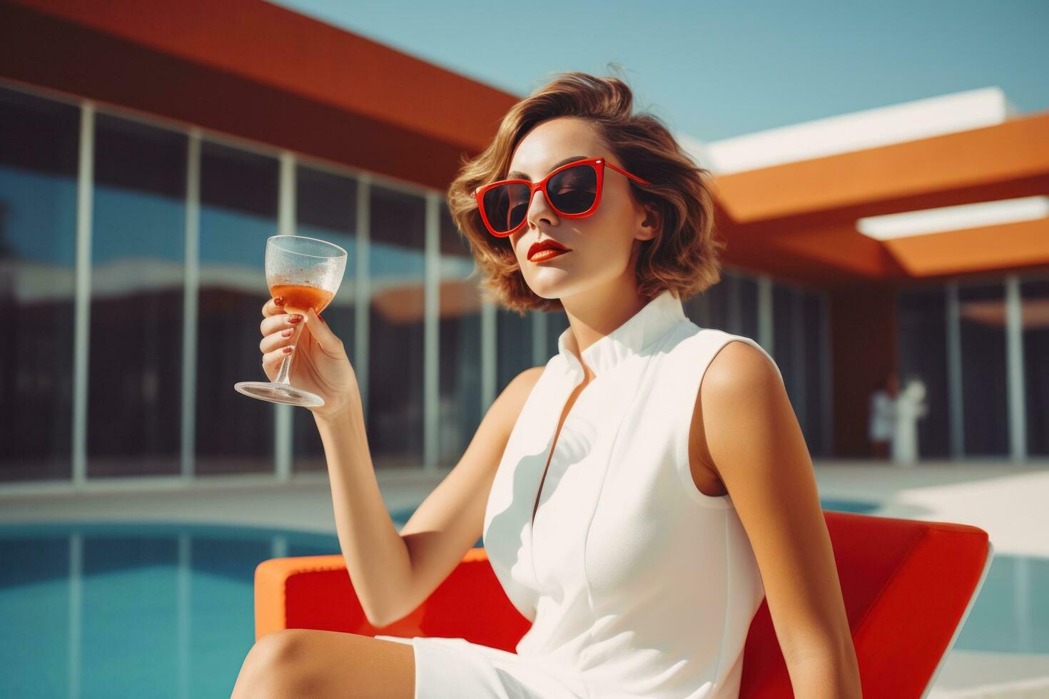 Woman with cocktail near the pool photo