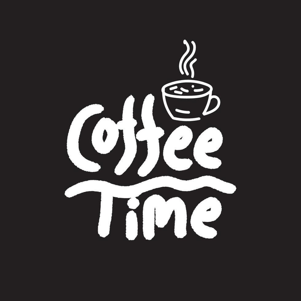 Coffee time white color typography with a coffee cup on black background to celebrate international coffee day. Lettering design for t shirt, banner, restaurant, coffee shop. vector