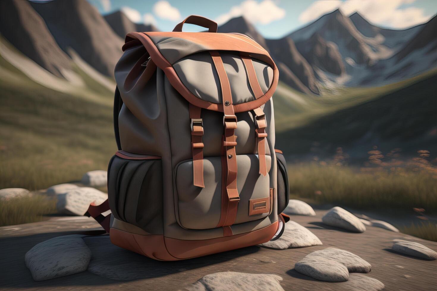Backpack on the stone in the mountains. photo