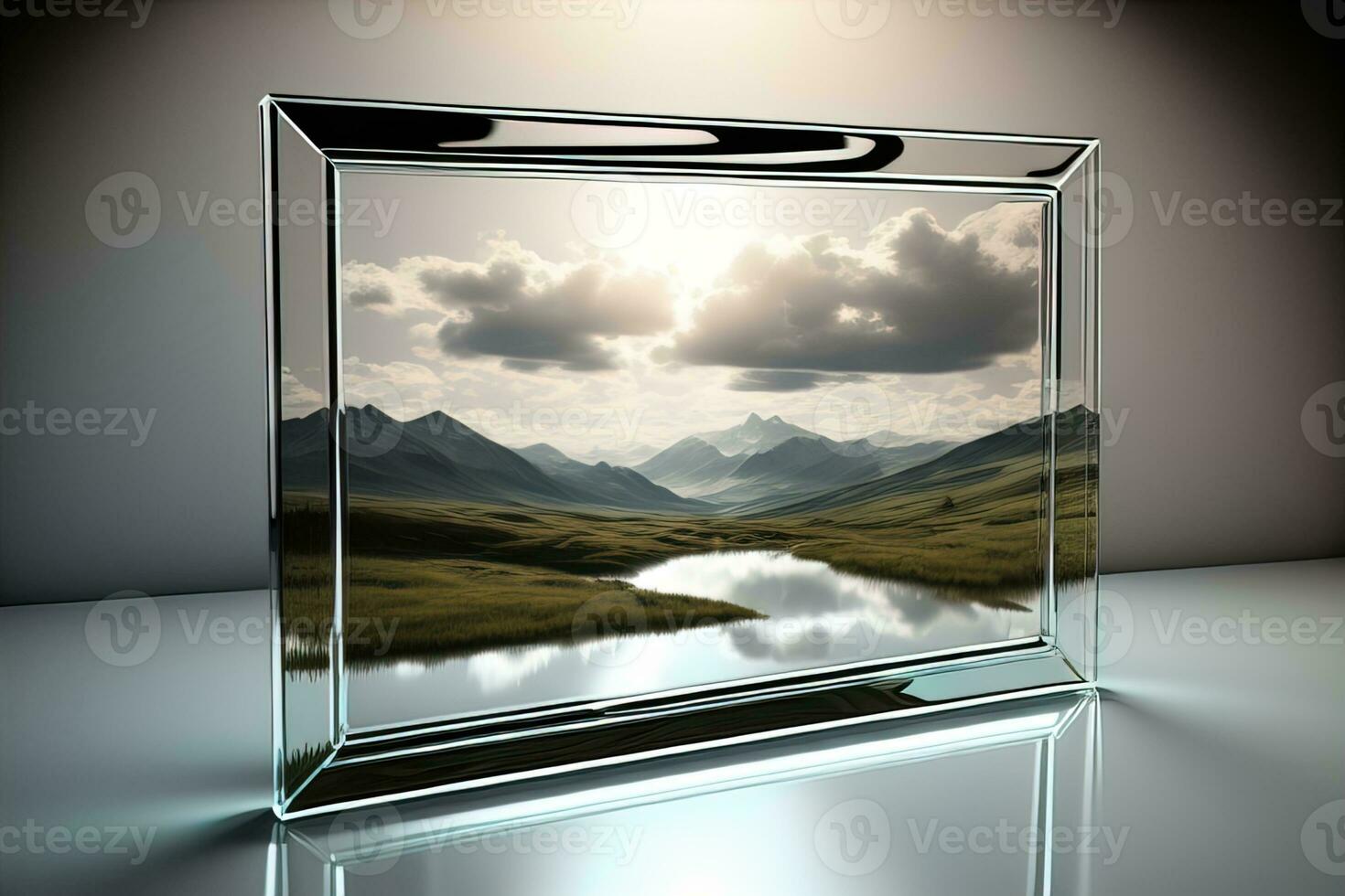 Glass picture frame on a solid color background. ai generative photo