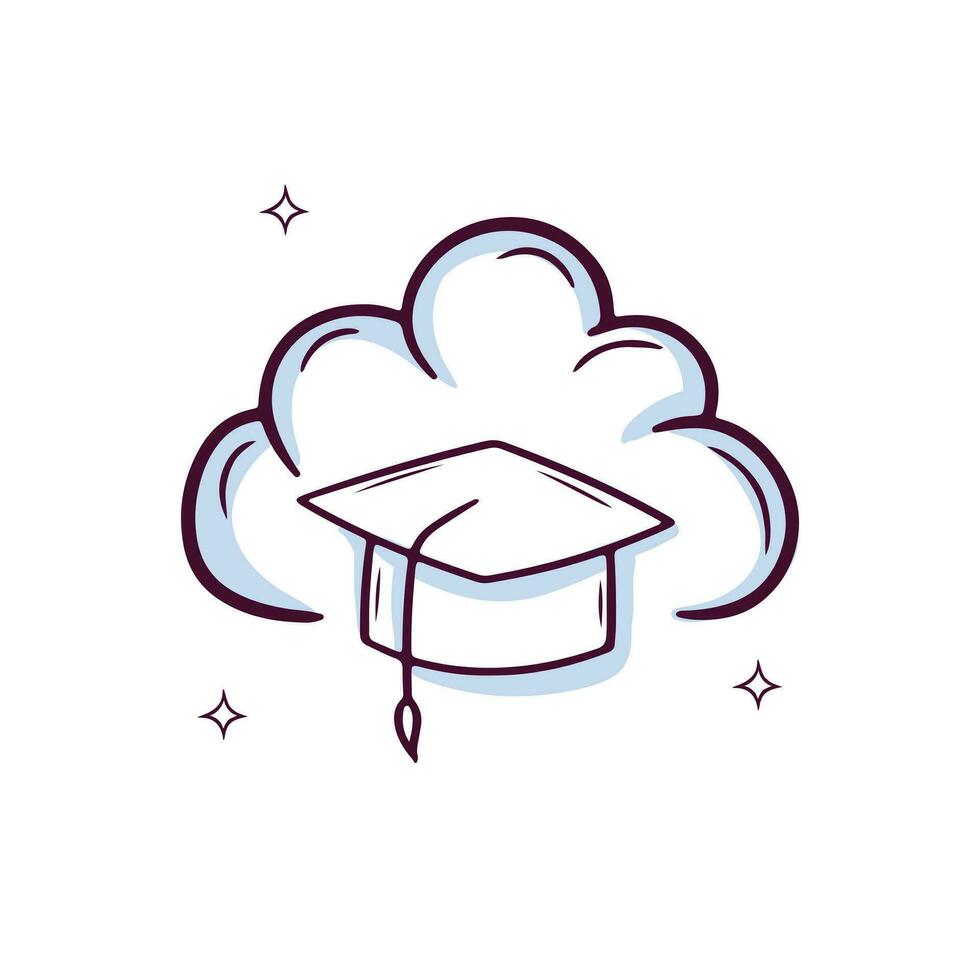 Hand Drawn Cloud icon With Graduation Cap. Doodle Sketch Vector Illustration
