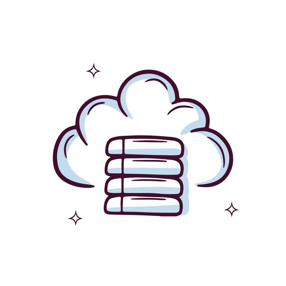 Hand Drawn Cloud Icon With Server Rack. Doodle Sketch Vector Illustration