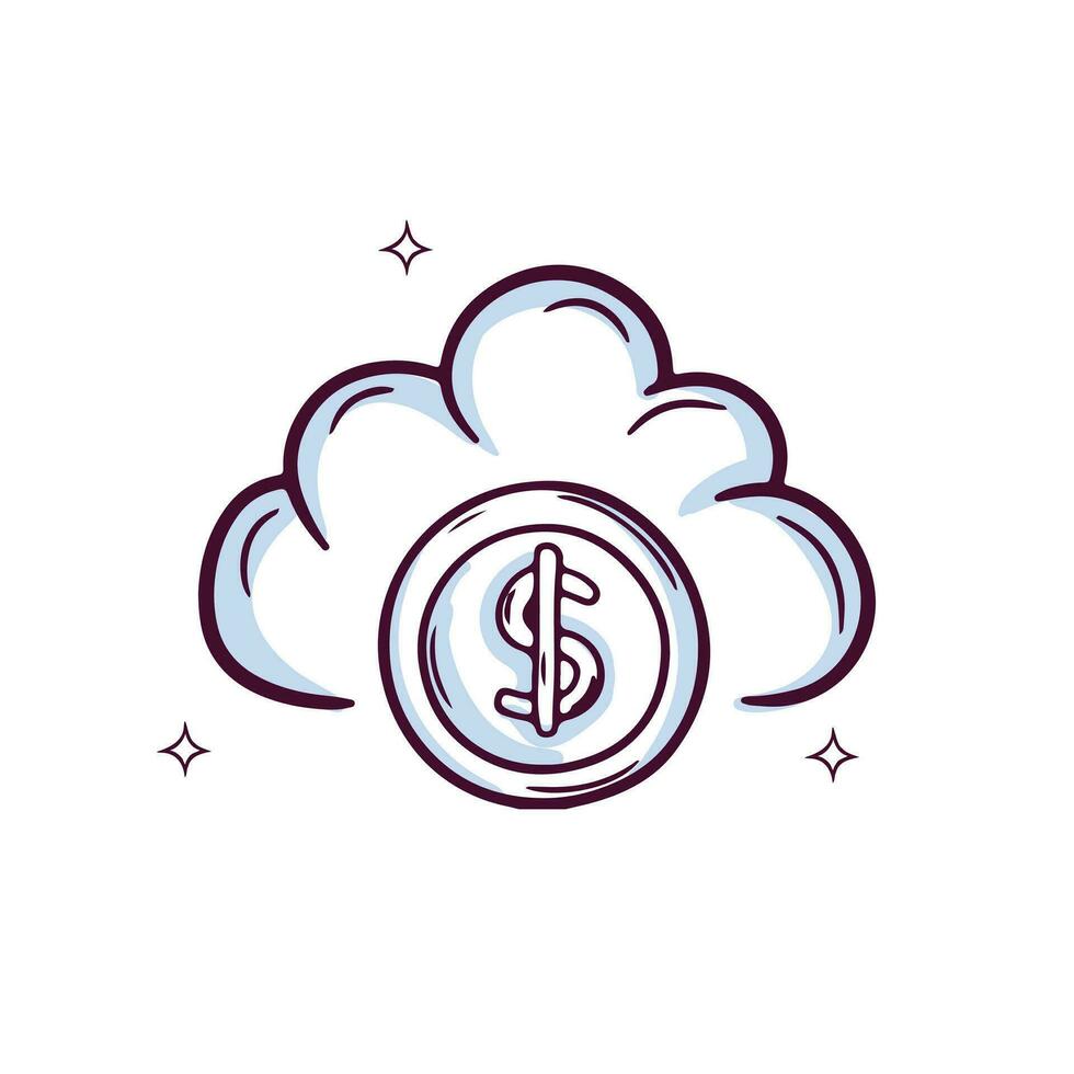 Hand Drawn Cloud Icon With Money Coin. Doodle Sketch Vector Illustration