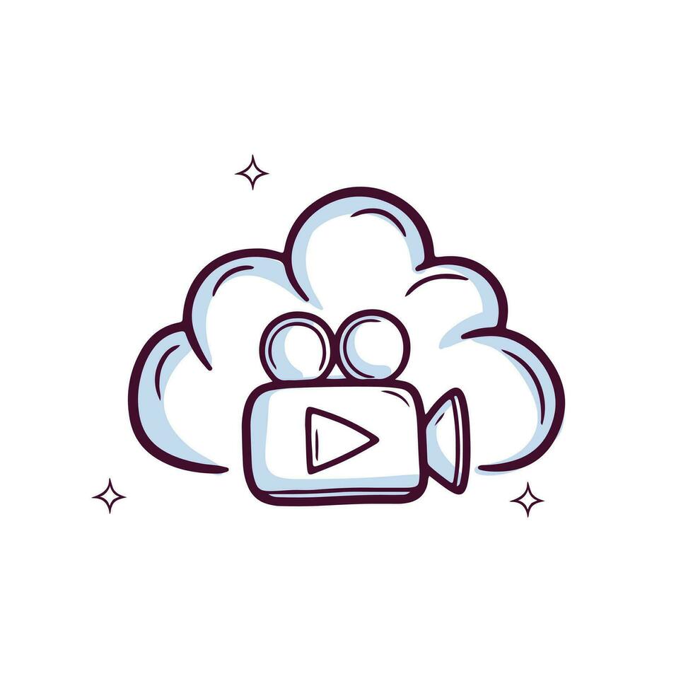 Hand Drawn Cloud Icon With Camera Video. Doodle Sketch Vector Illustration